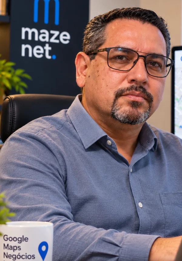 Responsável pelo atendimento da Maze Net, com camisa azul e óculos.